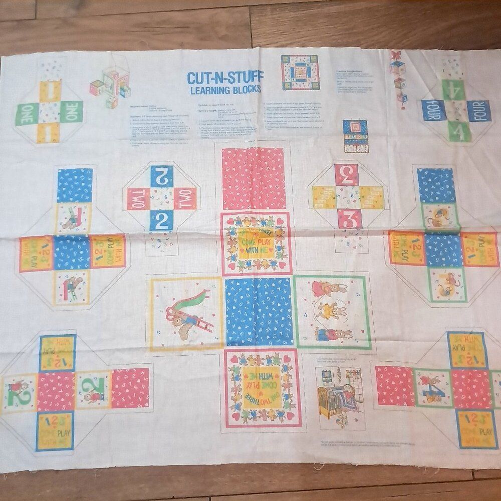 Vintage Wamsutta Craft Fabric Panel Cut-N-Stuff Learning Blocks baby pastel‎
